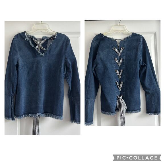 Moelleux Women’s Tie Up Back Denim Long Sleeve Top Sz S Western Rodeo Country - Picture 1 of 11